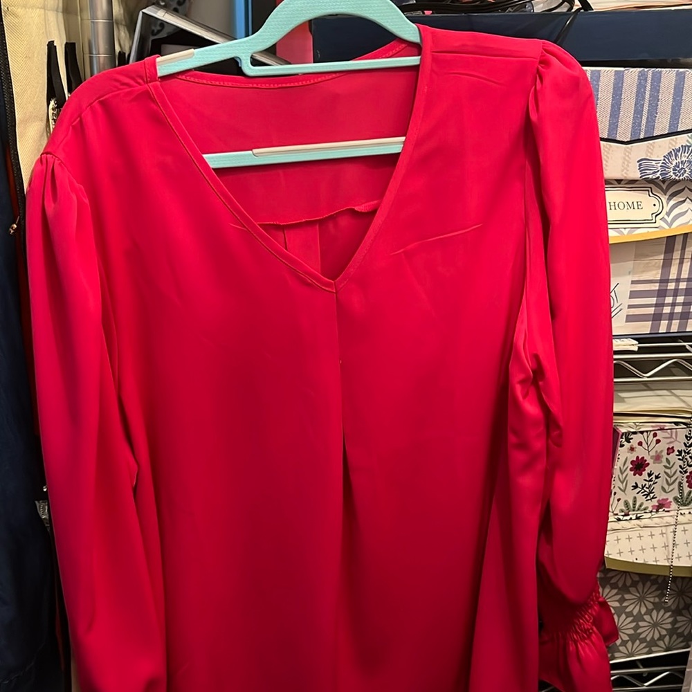 Hot pink blouse with front pleat and ruffle sleeve